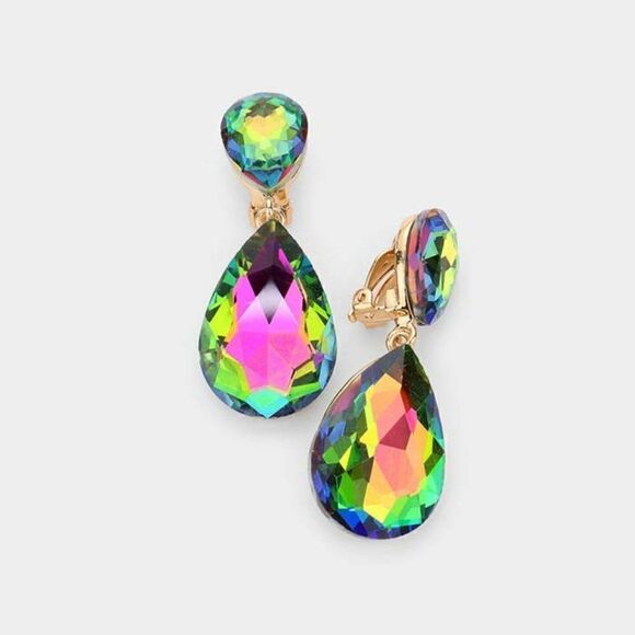 Crystal Oil Spill Double Teardrop Clip On Evening Earrings NWT - Picture 1 of 5